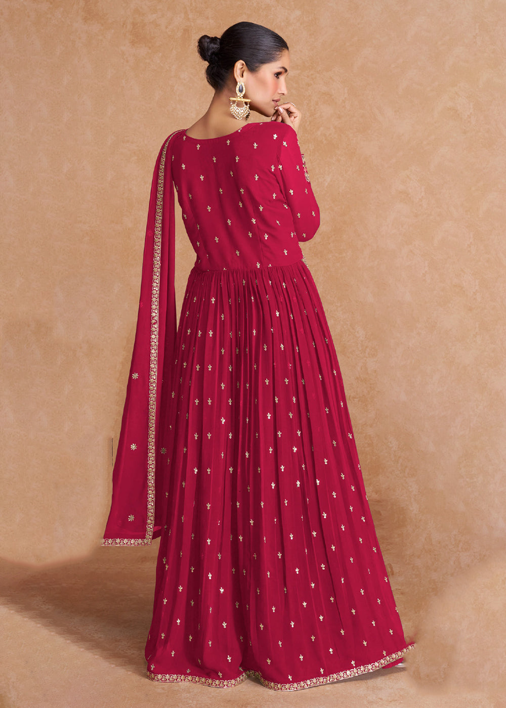 Buy Now Hot Pink Wedding Long Top Georgette Palazzo Salwar Suit Online in USA, UK, Canada, Germany, Australia & Worldwide at Empress Clothing.