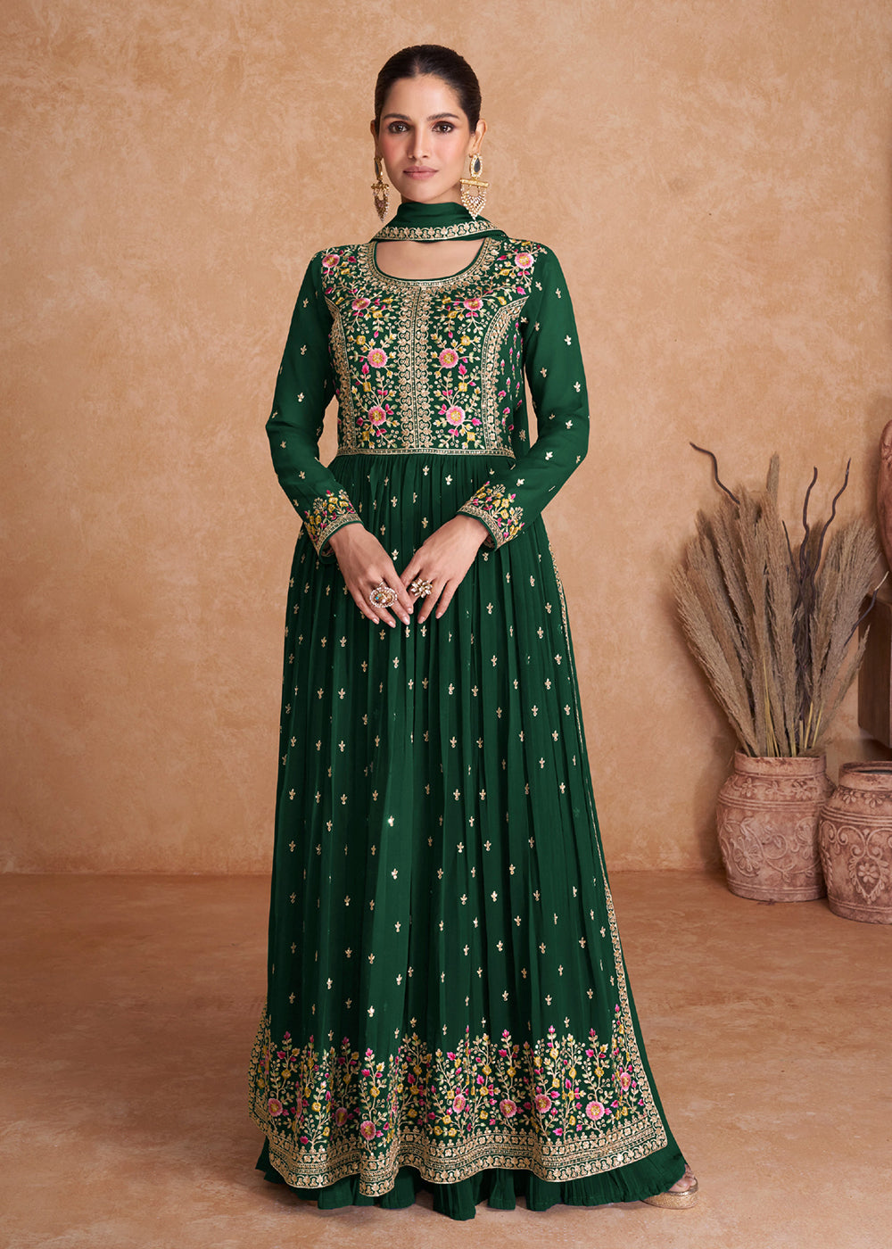 Buy Now Dark Green Wedding Long Top Georgette Palazzo Salwar Suit Online in USA, UK, Canada, Germany, Australia & Worldwide at Empress Clothing.