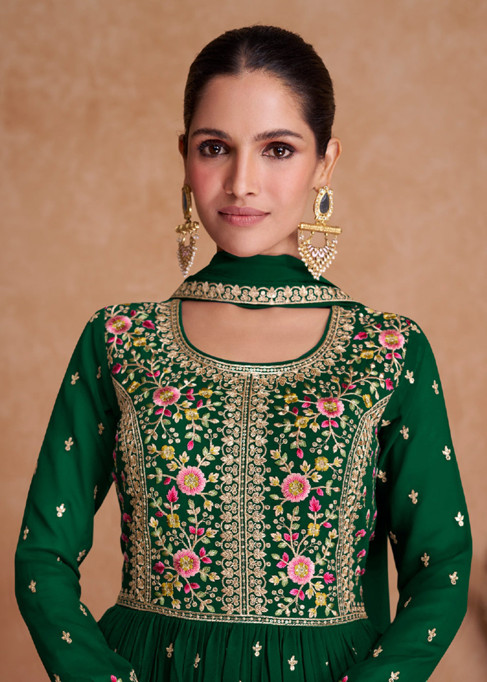 Buy Now Dark Green Wedding Long Top Georgette Palazzo Salwar Suit Online in USA, UK, Canada, Germany, Australia & Worldwide at Empress Clothing.