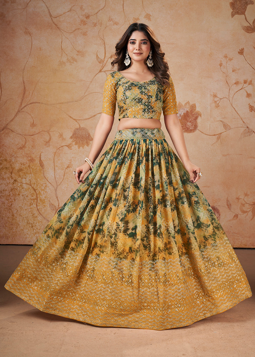 Buy Now Yellow Digital Print & Sequins Wedding Festive Lehenga Choli Online in USA, UK, Canada & Worldwide at Empress Clothing. 