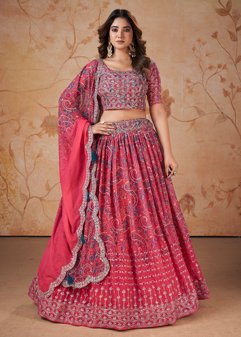 Buy Now Pink Digital Print & Sequins Wedding Festive Lehenga Choli Online in USA, UK, Canada & Worldwide at Empress Clothing. 