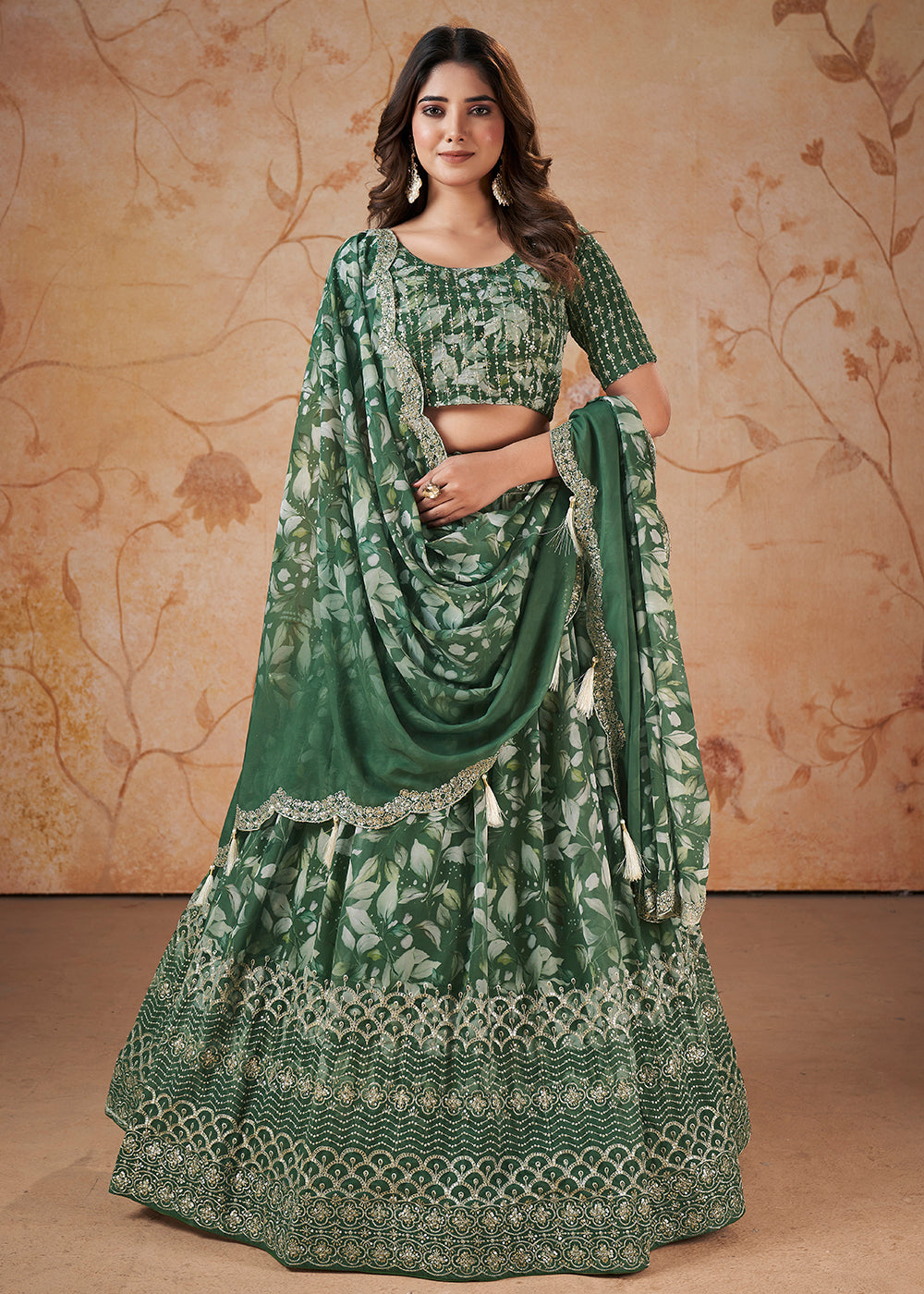 Buy Now Green Digital Print & Sequins Wedding Festive Lehenga Choli Online in USA, UK, Canada & Worldwide at Empress Clothing.