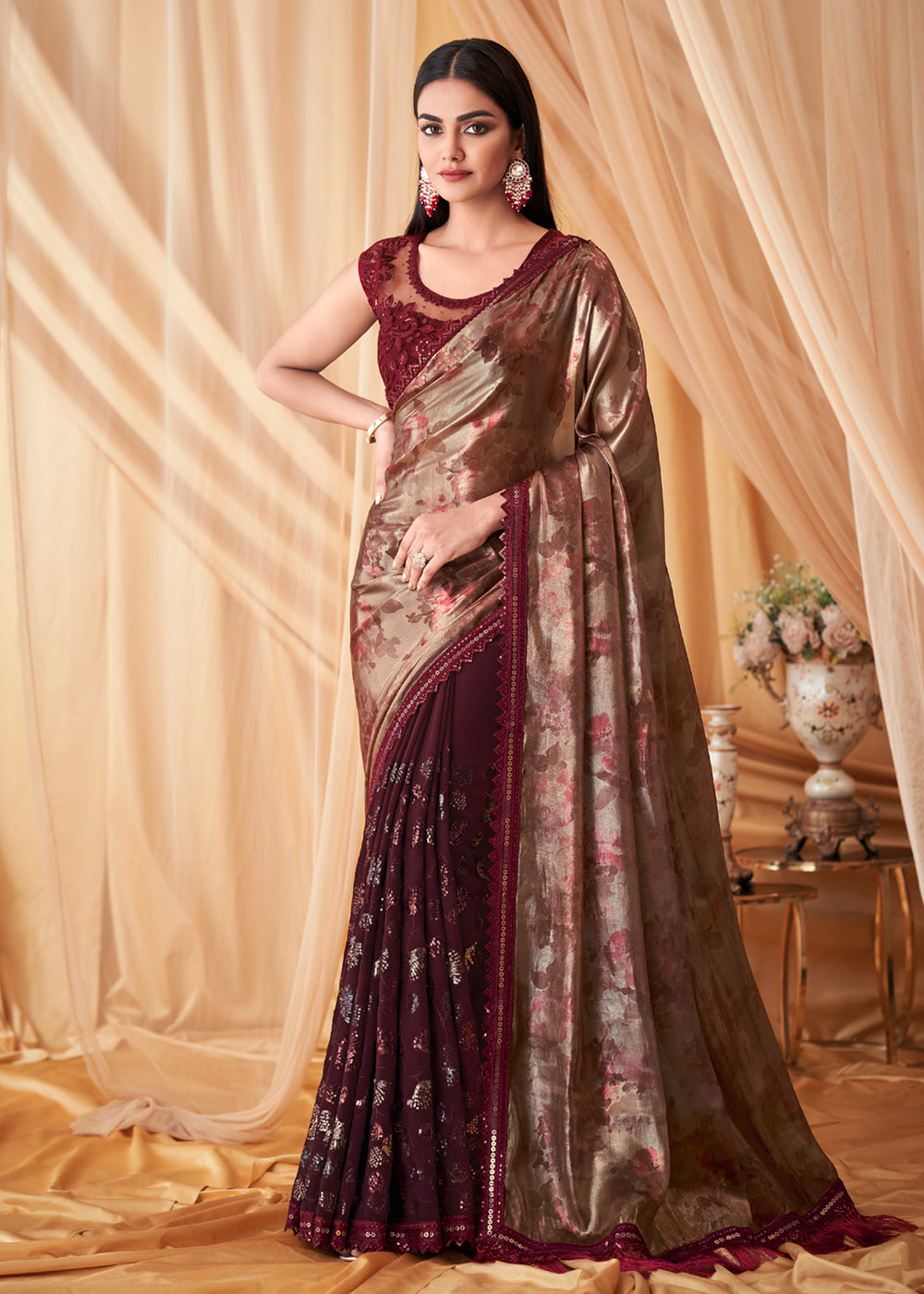 Buy Now Maroon Shimmer Georgette Silk Festive Party Saree Online in USA, UK, Canada & Worldwide at Empress Clothing. 