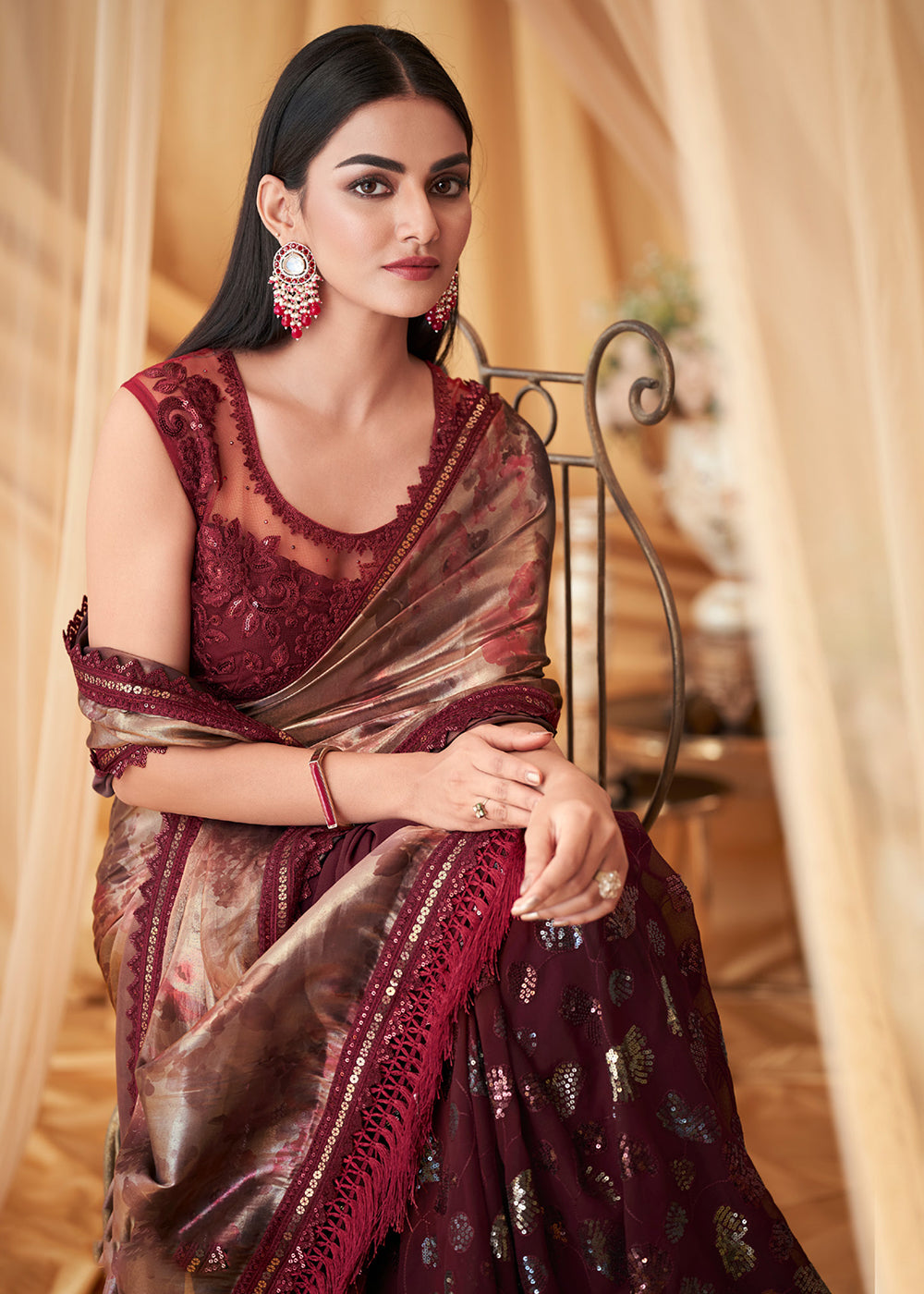 Buy Now Maroon Shimmer Georgette Silk Festive Party Saree Online in USA, UK, Canada & Worldwide at Empress Clothing. 