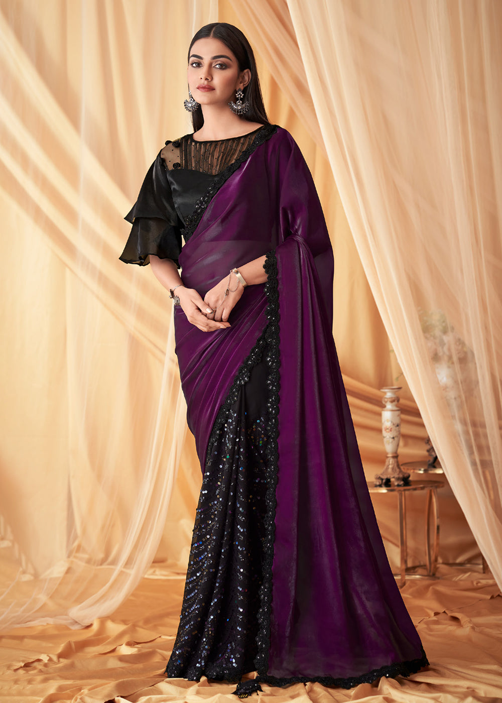 Buy Now Wine & Black Georgette Silk Embroidered Festive Party Saree Online in USA, UK, Canada & Worldwide at Empress Clothing. 