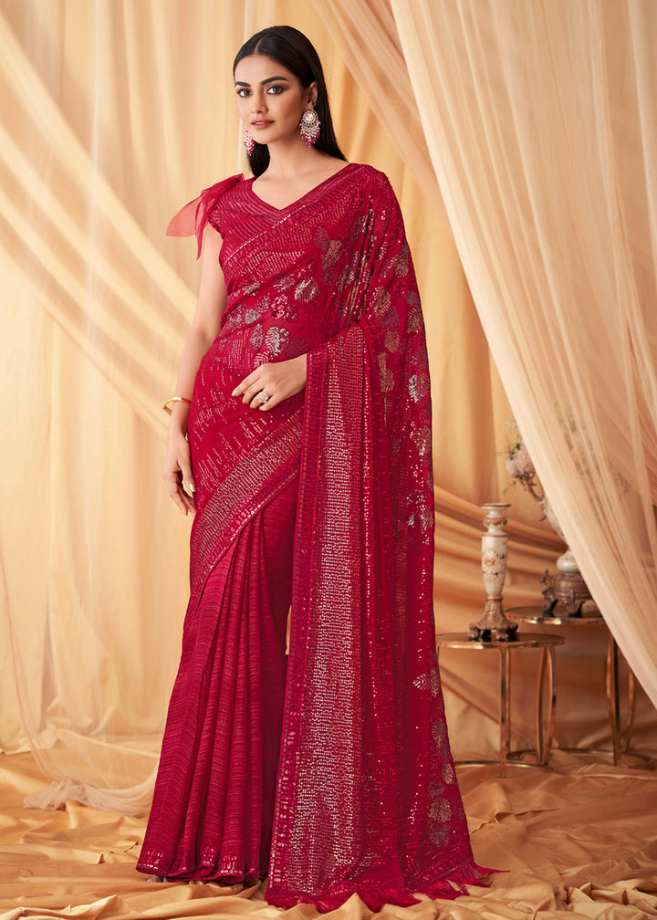 Buy Now Rani Pink Georgette Embroidered Festive Party Saree Online in USA, UK, Canada & Worldwide at Empress Clothing.