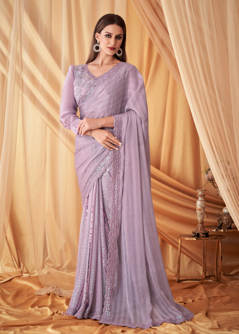 Buy Now Lavender Georgette Silk Embroidered Festive Party Saree Online in USA, UK, Canada & Worldwide at Empress Clothing.