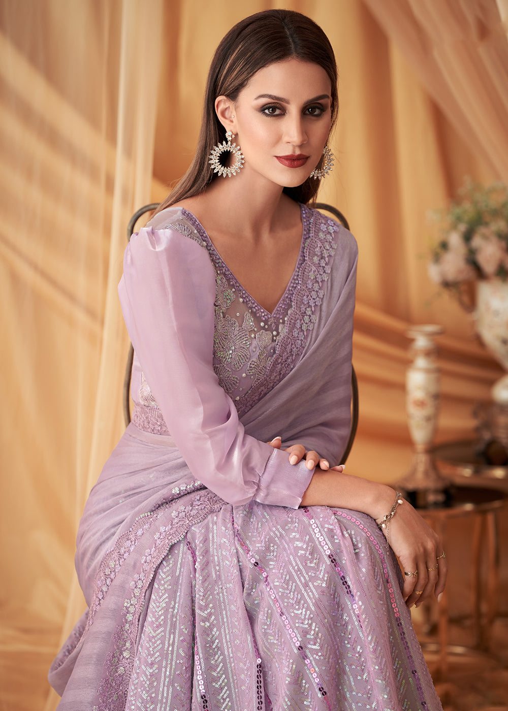 Buy Now Lavender Georgette Silk Embroidered Festive Party Saree Online in USA, UK, Canada & Worldwide at Empress Clothing.