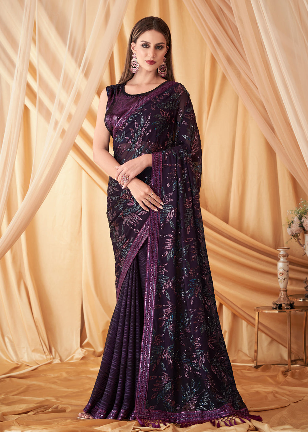 Buy Now Purple Georgette Silk Embroidered Festive Party Saree Online in USA, UK, Canada & Worldwide at Empress Clothing.