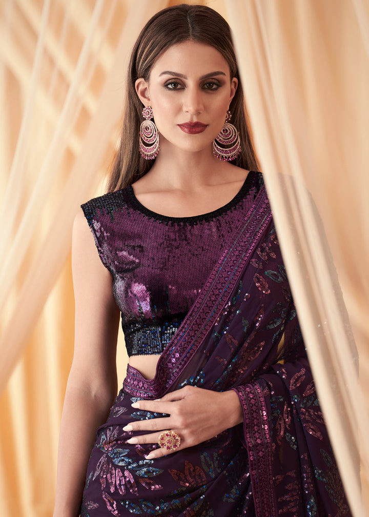 Buy Now Purple Georgette Silk Embroidered Festive Party Saree Online in USA, UK, Canada & Worldwide at Empress Clothing.