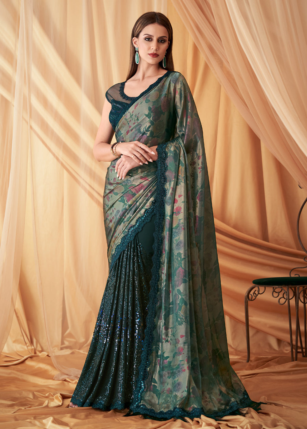 Buy Now Green Shimmer Georgette Silk Embroidered Festive Party Saree Online in USA, UK, Canada & Worldwide at Empress Clothing.