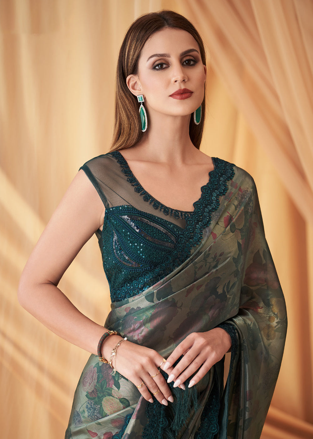 Green Shimmer Georgette Silk Embroidered Festive Party Saree