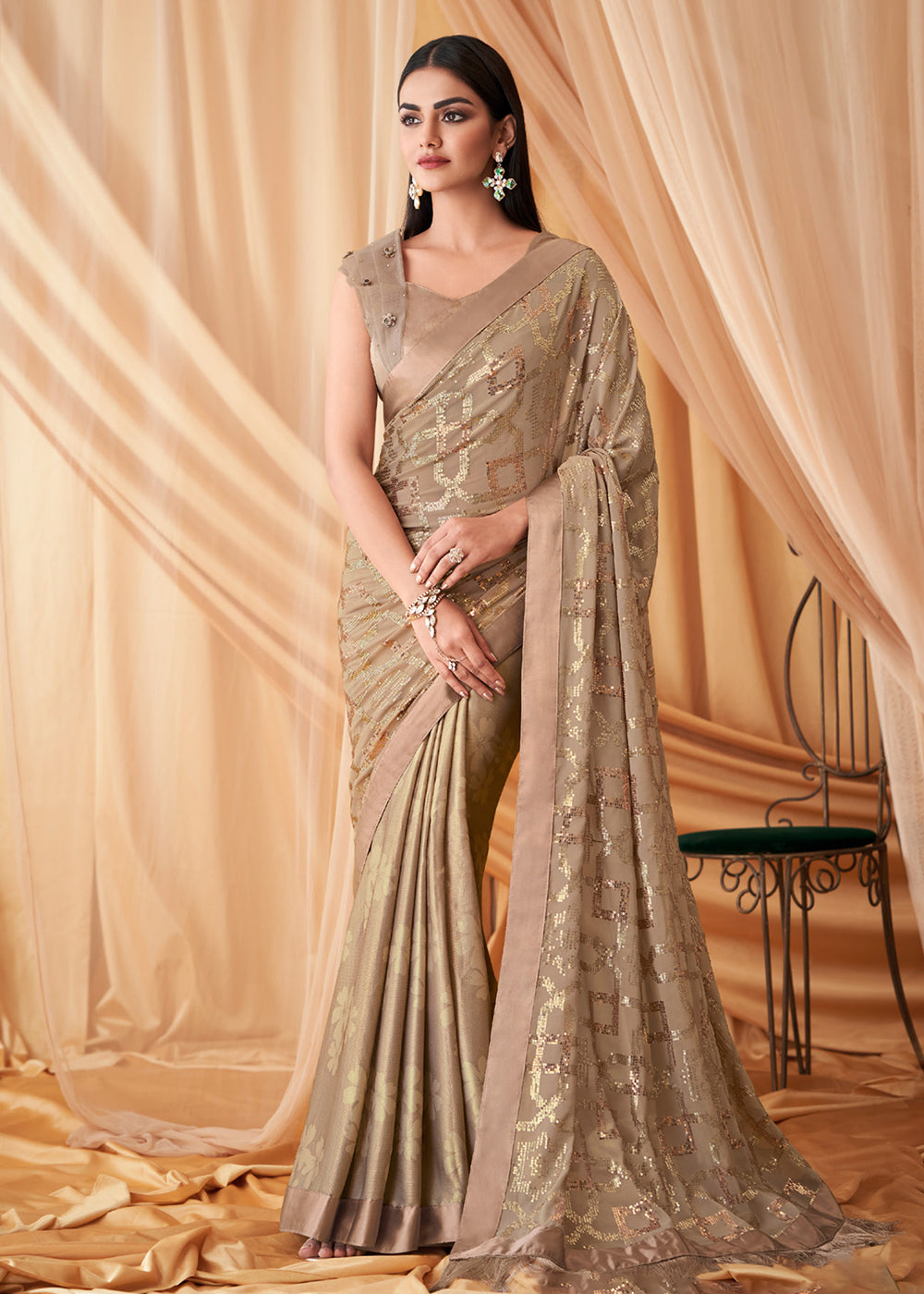 Buy Now Beige Shimmer Georgette Silk Embroidered Festive Party Saree Online in USA, UK, Canada & Worldwide at Empress Clothing.