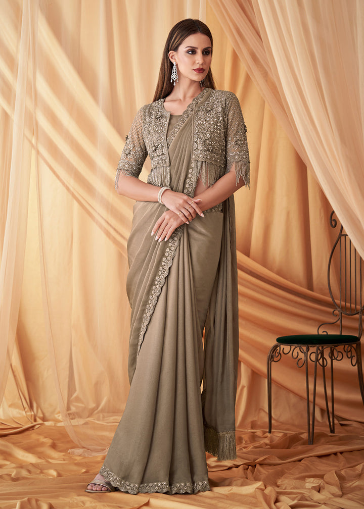 Buy Now Beige Georgette Silk Embroidered Festive Party Saree Online in USA, UK, Canada & Worldwide at Empress Clothing.