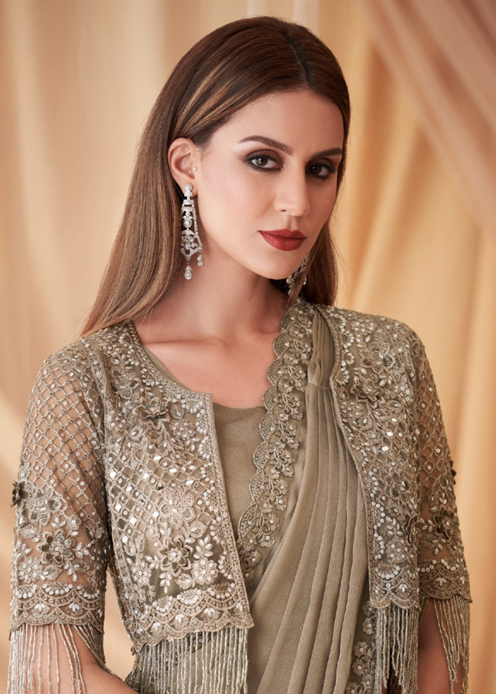 Buy Now Beige Georgette Silk Embroidered Festive Party Saree Online in USA, UK, Canada & Worldwide at Empress Clothing.