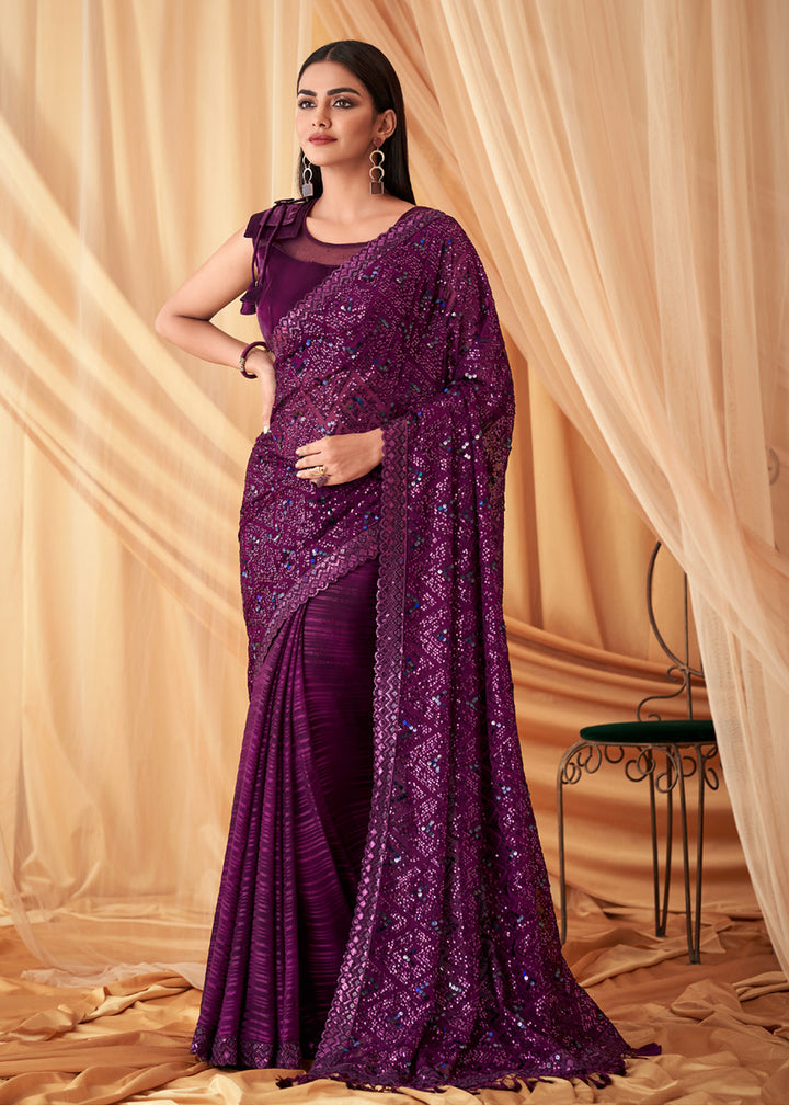 Buy Now Wine Georgette Silk Embroidered Festive Party Saree Online in USA, UK, Canada & Worldwide at Empress Clothing.