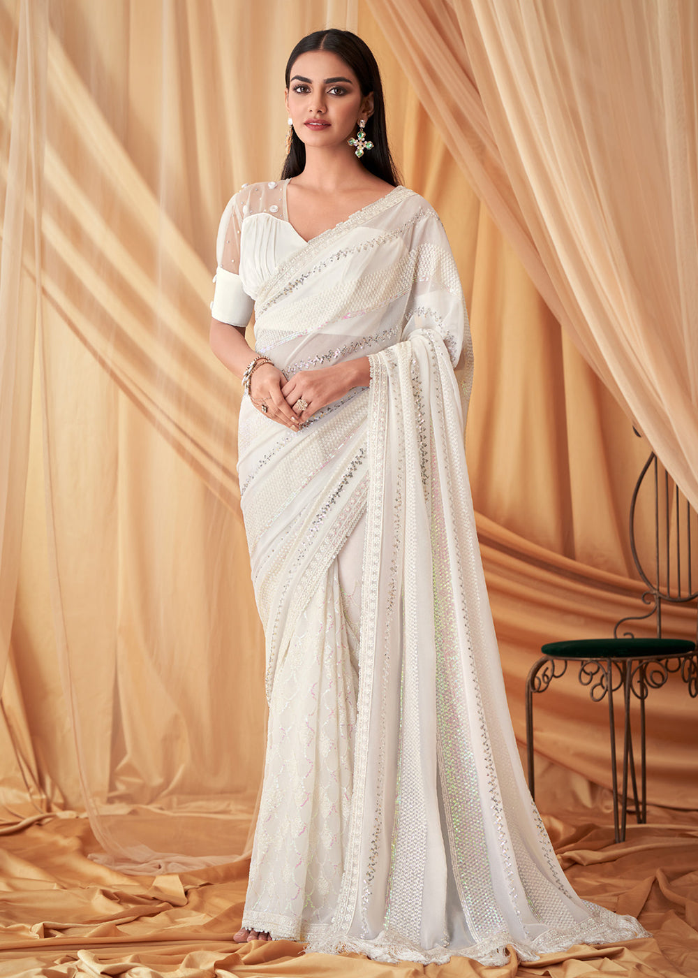 Buy Now White Pearl Georgette Embroidered Festive Party Saree Online in USA, UK, Canada & Worldwide at Empress Clothing. 