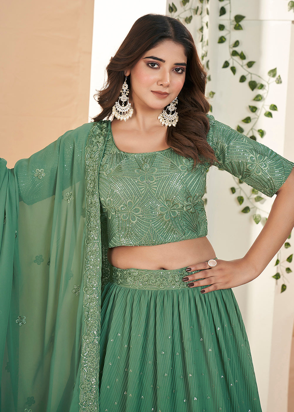 Buy Now Green Thread & Sequins Wedding Party Lehenga Choli Online in USA, UK, Canada & Worldwide at Empress Clothing. 