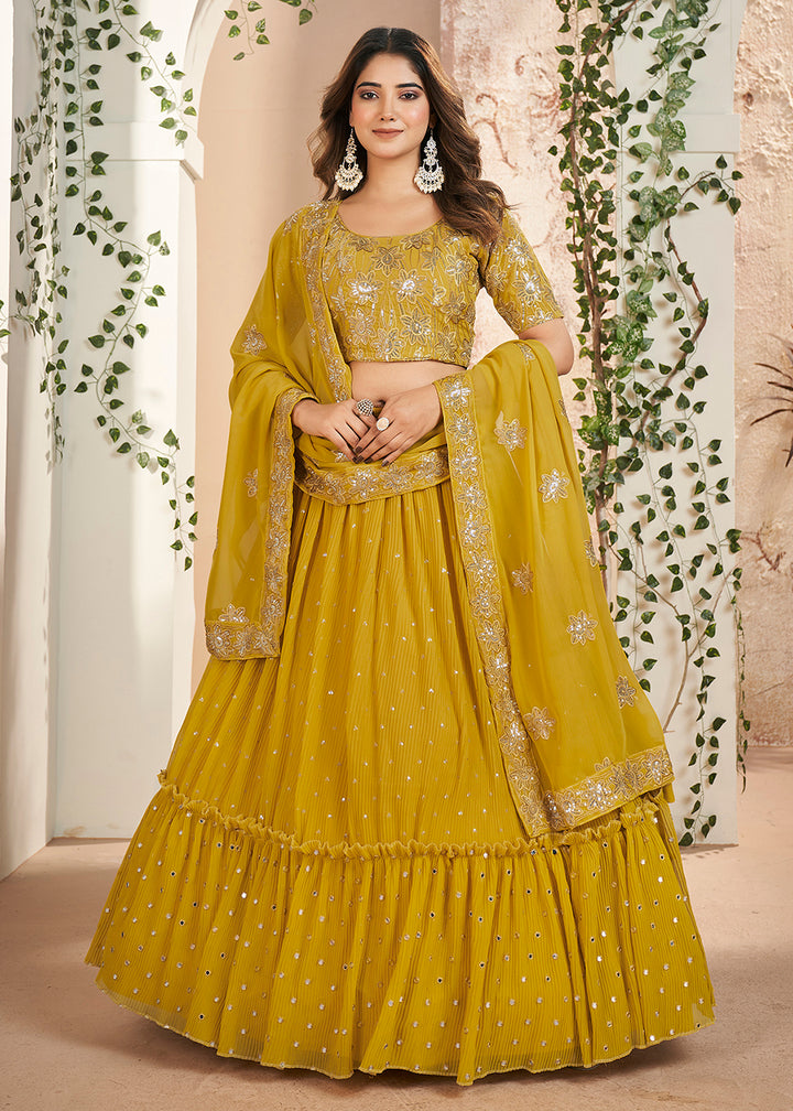 Buy Now Mustard Thread & Sequins Wedding Party Lehenga Choli Online in USA, UK, Canada & Worldwide at Empress Clothing.