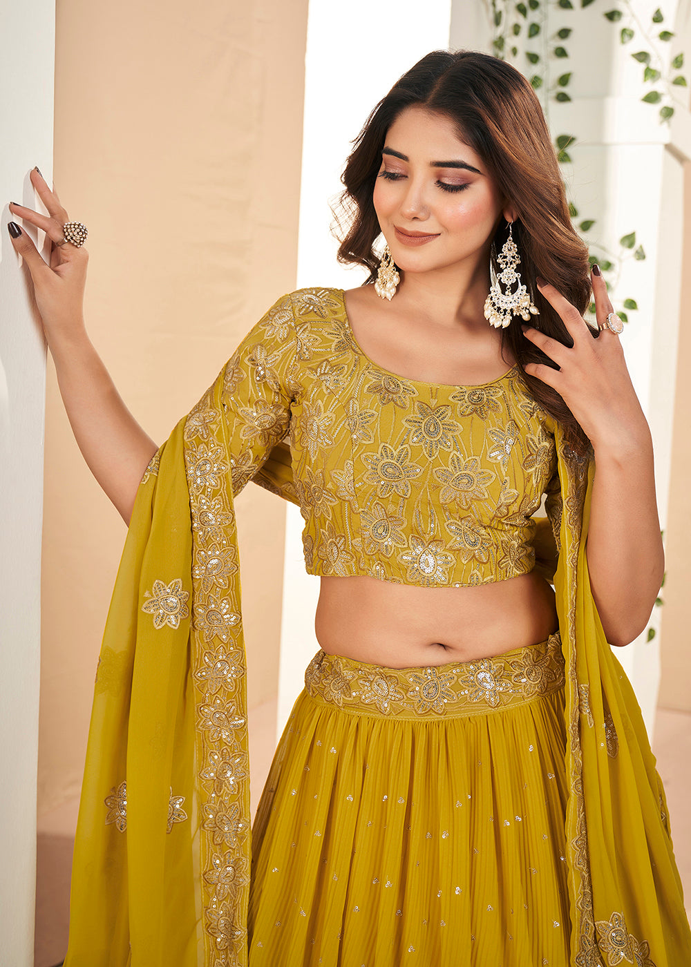 Buy Now Mustard Thread & Sequins Wedding Party Lehenga Choli Online in USA, UK, Canada & Worldwide at Empress Clothing.