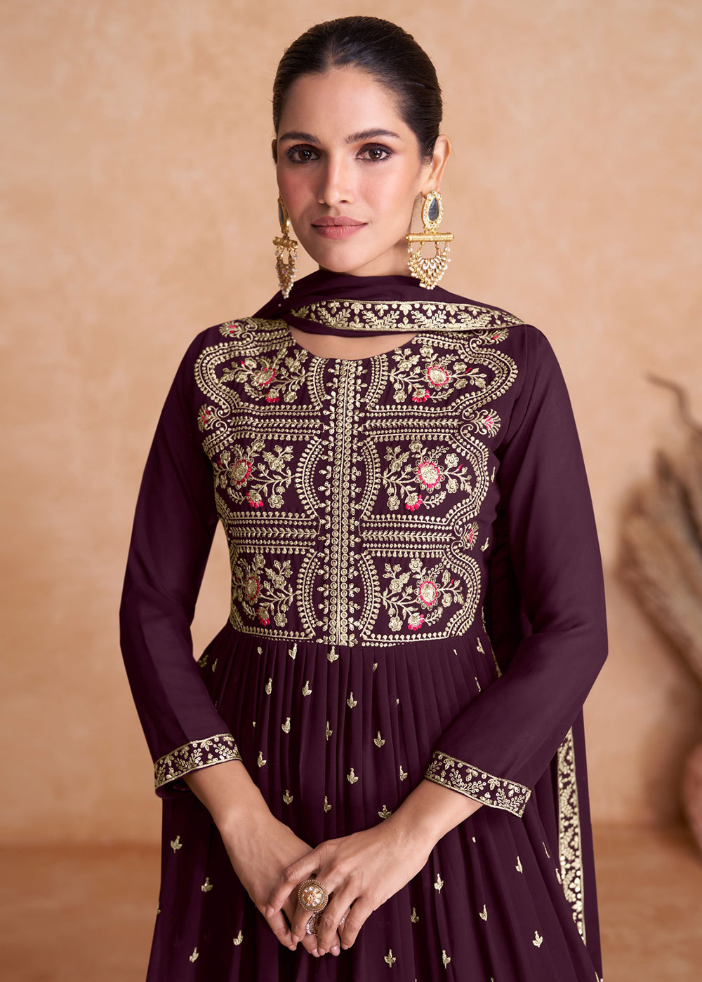 Buy Now Plum Wine Wedding Embroidered Multicolor Palazzo Salwar Suit Online in USA, UK, Canada, Germany, Australia & Worldwide at Empress Clothing.