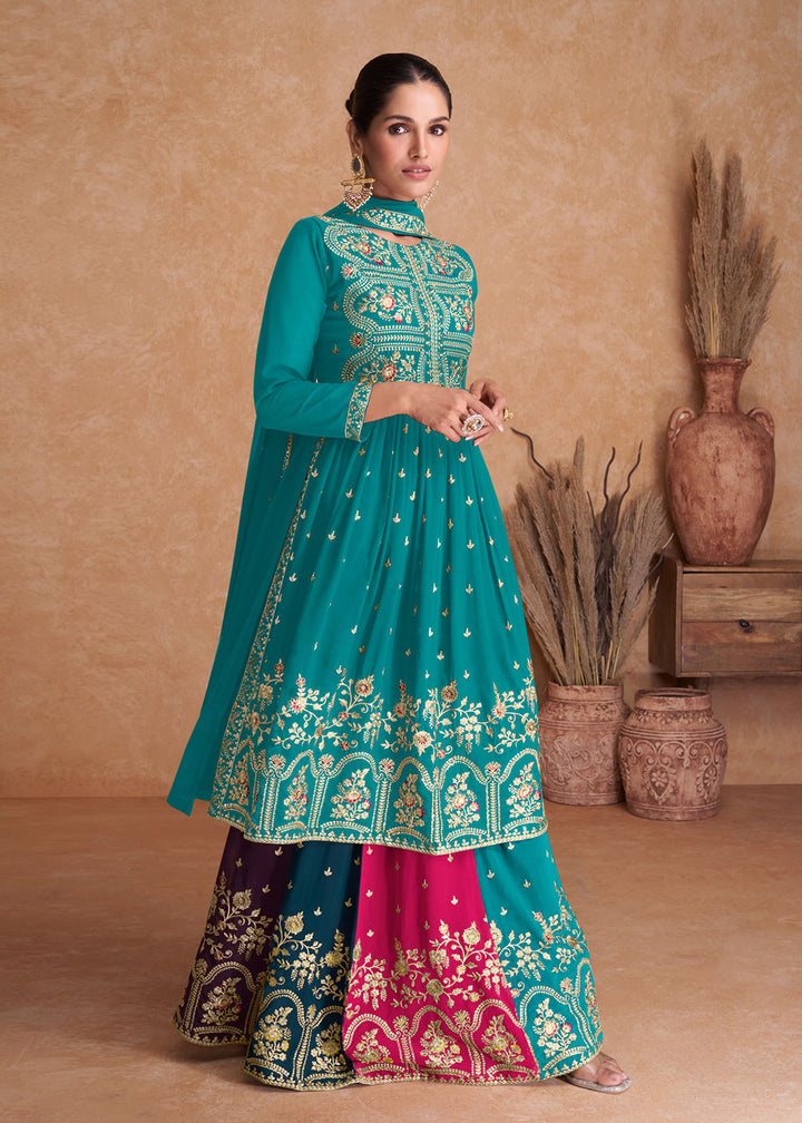 Buy Now Teal Blue Wedding Embroidered Multicolor Palazzo Salwar Suit Online in USA, UK, Canada, Germany, Australia & Worldwide at Empress Clothing.