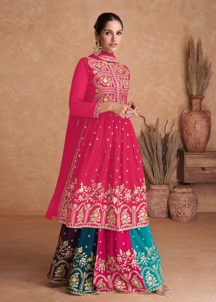 Buy Now Hot Pink Wedding Embroidered Multicolor Palazzo Salwar Suit Online in USA, UK, Canada, Germany, Australia & Worldwide at Empress Clothing. 