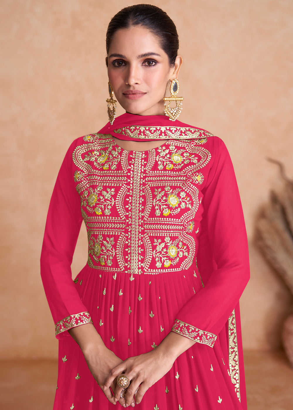 Buy Now Hot Pink Wedding Embroidered Multicolor Palazzo Salwar Suit Online in USA, UK, Canada, Germany, Australia & Worldwide at Empress Clothing. 