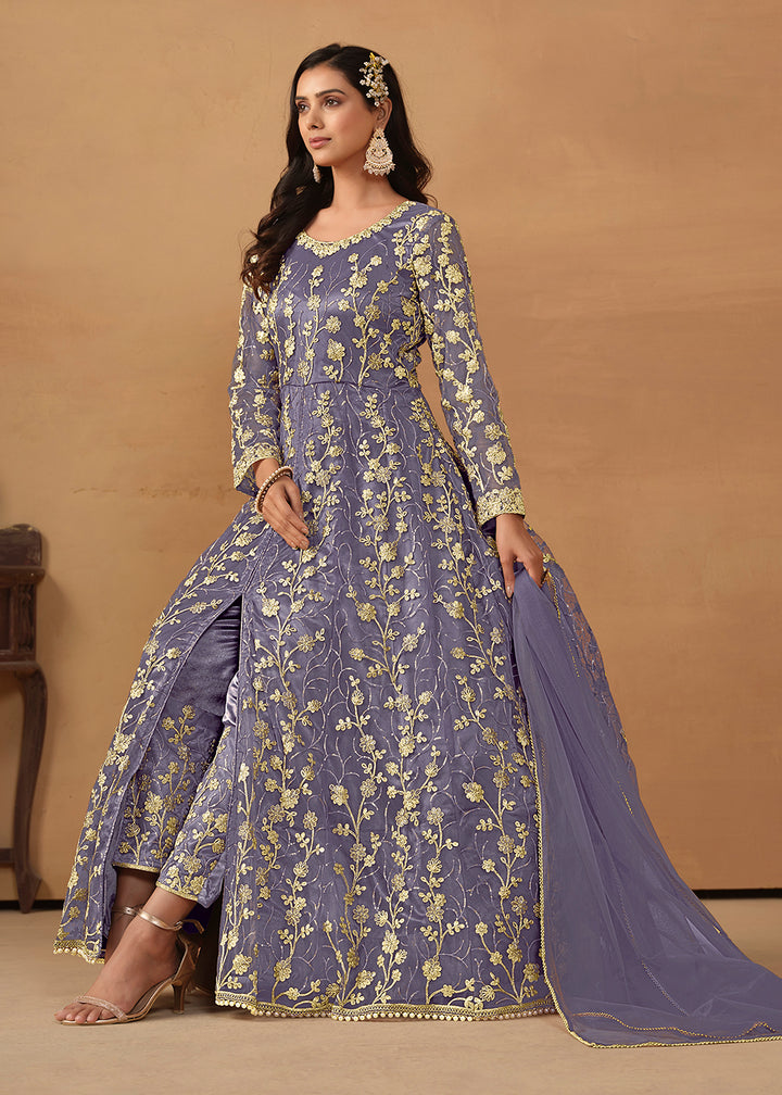 Buy Now Pant Style Light Purple Embroidered Net Wedding Anarkali Suit Online in USA, UK, Australia, New Zealand, Canada & Worldwide at Empress Clothing.