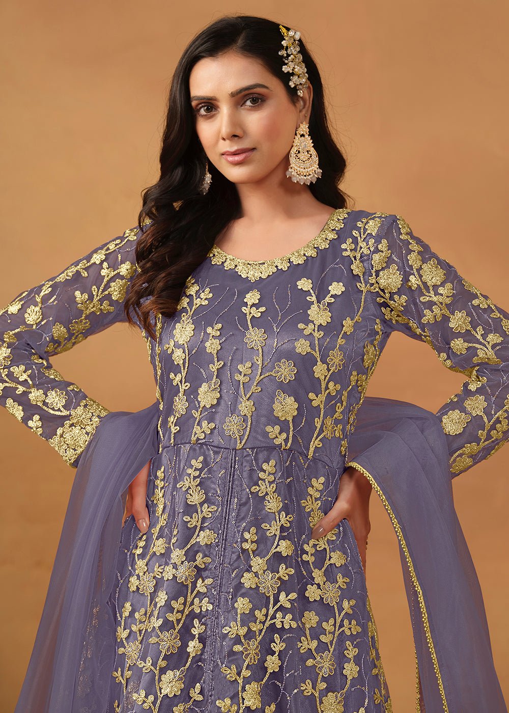 Buy Now Pant Style Light Purple Embroidered Net Wedding Anarkali Suit Online in USA, UK, Australia, New Zealand, Canada & Worldwide at Empress Clothing.