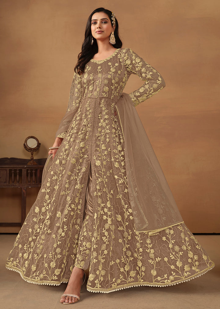 Buy Now Pant Style Light Brown Embroidered Net Wedding Anarkali Suit Online in USA, UK, Australia, New Zealand, Canada & Worldwide at Empress Clothing. 