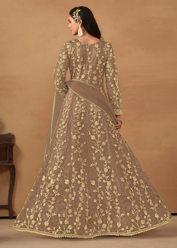 Buy Now Pant Style Light Brown Embroidered Net Wedding Anarkali Suit Online in USA, UK, Australia, New Zealand, Canada & Worldwide at Empress Clothing. 