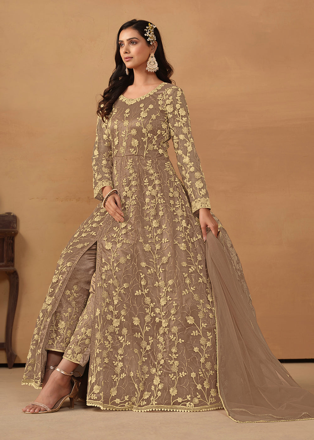 Buy Now Pant Style Light Brown Embroidered Net Wedding Anarkali Suit Online in USA, UK, Australia, New Zealand, Canada & Worldwide at Empress Clothing. 