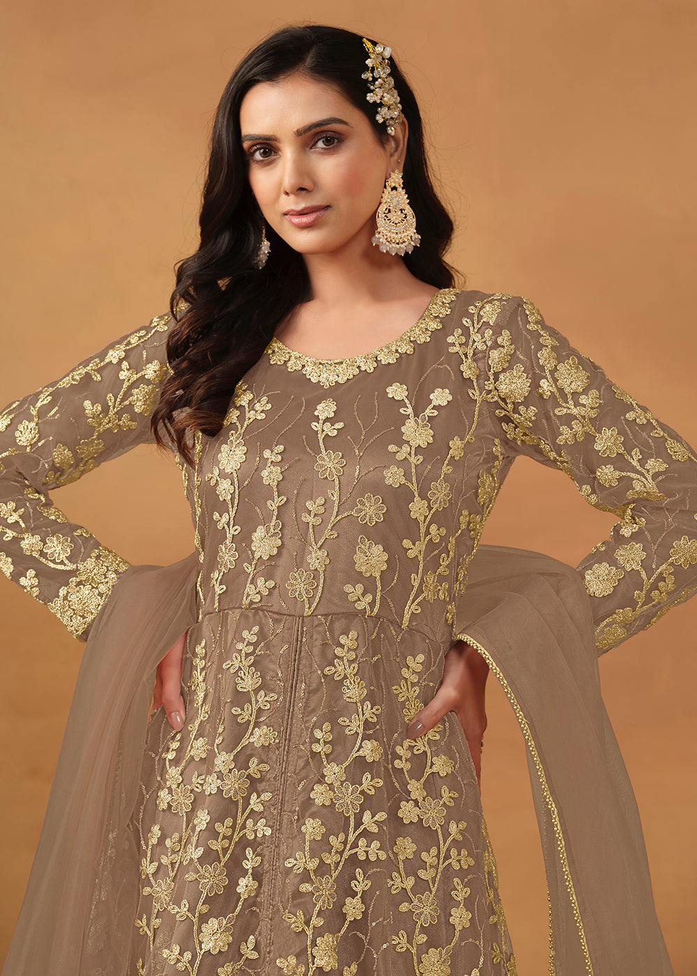 Buy Now Pant Style Light Brown Embroidered Net Wedding Anarkali Suit Online in USA, UK, Australia, New Zealand, Canada & Worldwide at Empress Clothing. 