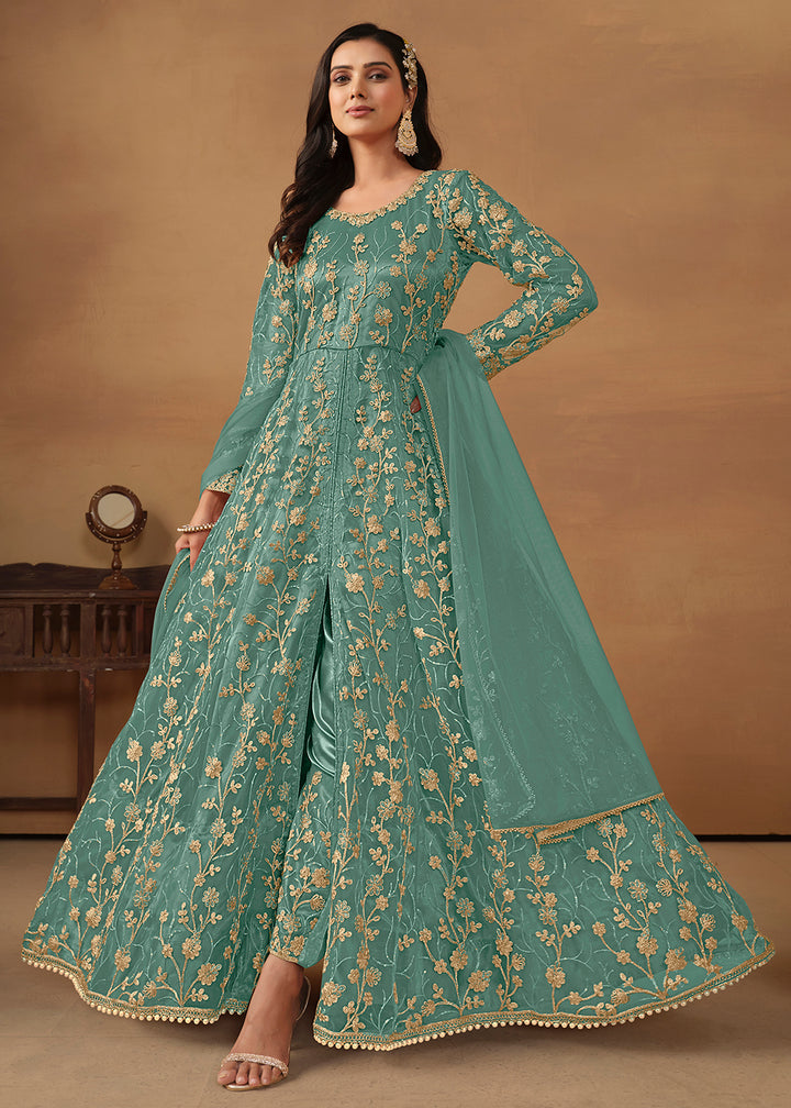 Buy Now Pant Style Turquoise Embroidered Net Wedding Anarkali Suit Online in USA, UK, Australia, New Zealand, Canada & Worldwide at Empress Clothing. 