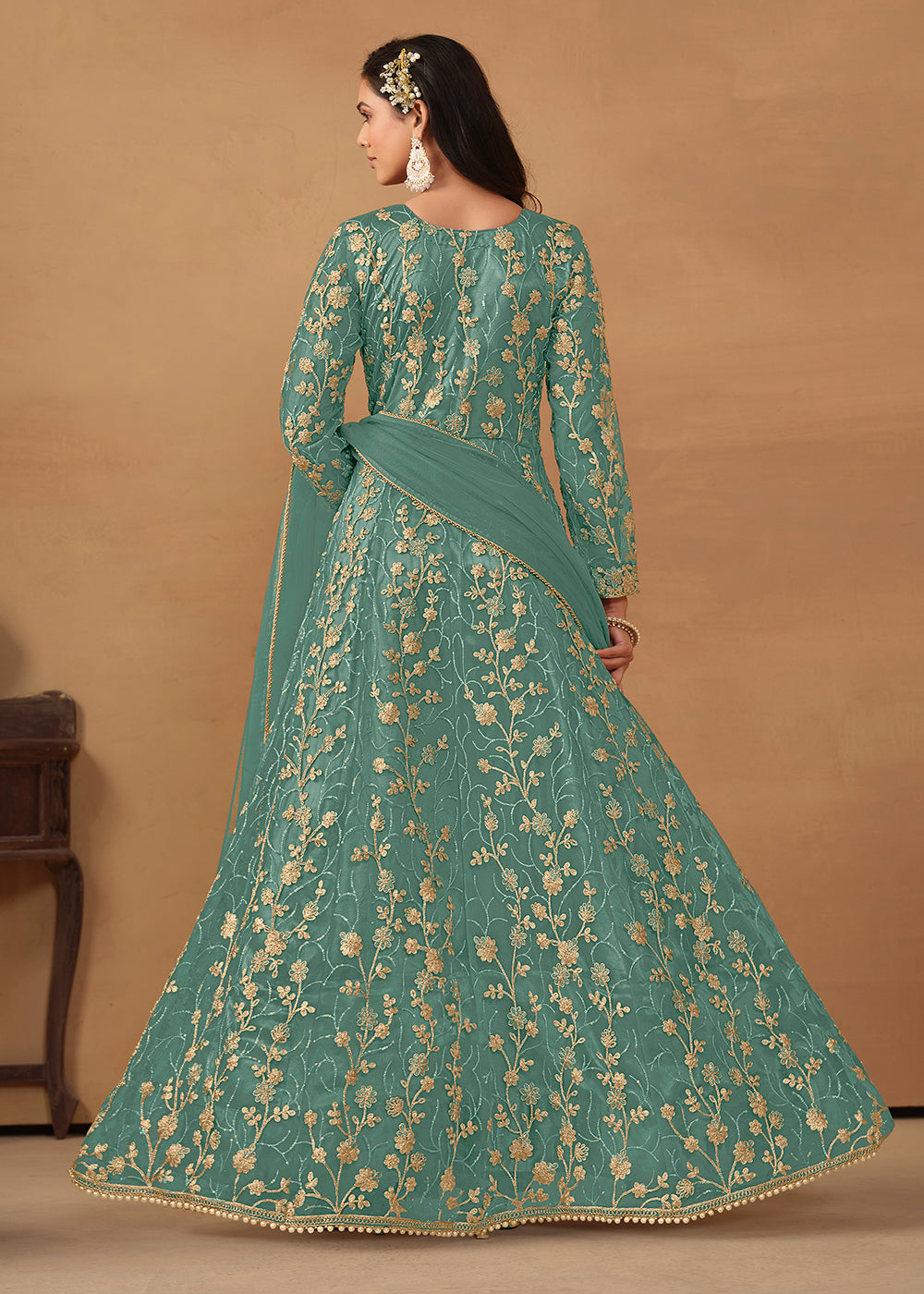 Buy Now Pant Style Turquoise Embroidered Net Wedding Anarkali Suit Online in USA, UK, Australia, New Zealand, Canada & Worldwide at Empress Clothing. 