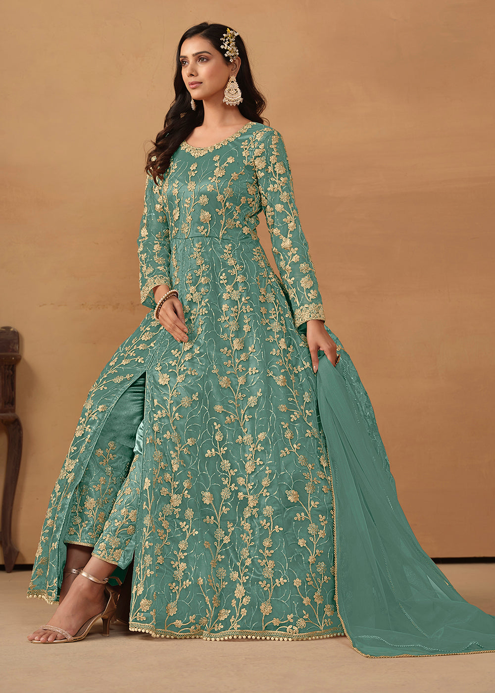 Buy Now Pant Style Turquoise Embroidered Net Wedding Anarkali Suit Online in USA, UK, Australia, New Zealand, Canada & Worldwide at Empress Clothing. 