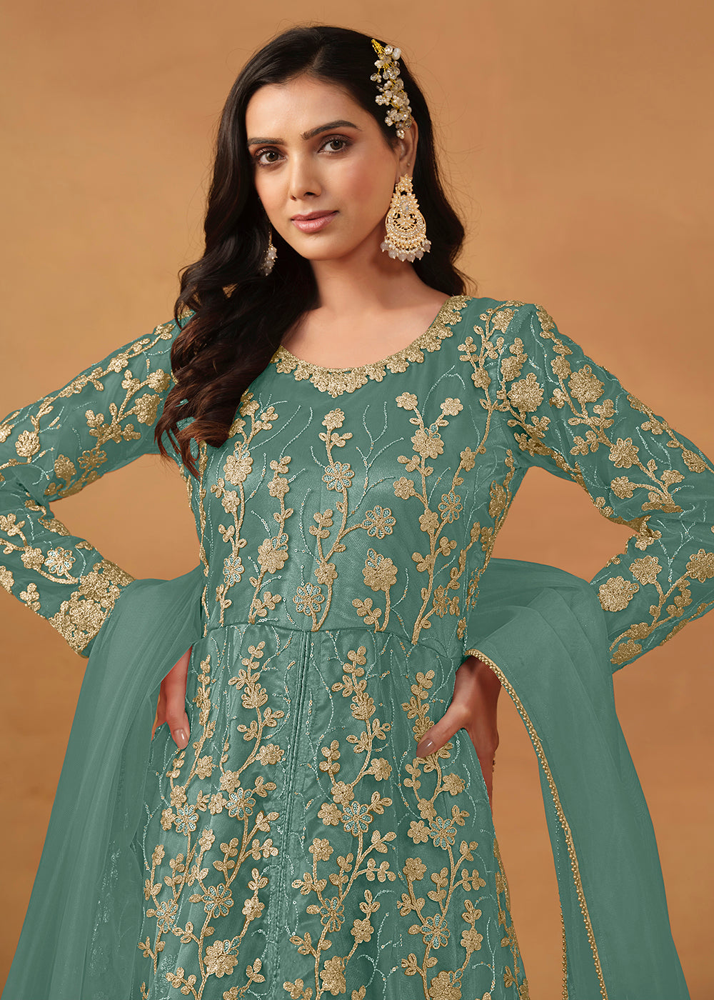 Buy Now Pant Style Turquoise Embroidered Net Wedding Anarkali Suit Online in USA, UK, Australia, New Zealand, Canada & Worldwide at Empress Clothing. 