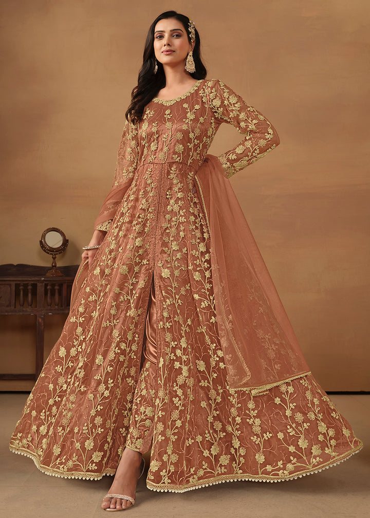 Buy Now Pant Style Peach Embroidered Net Wedding Anarkali Suit Online in USA, UK, Australia, New Zealand, Canada & Worldwide at Empress Clothing.