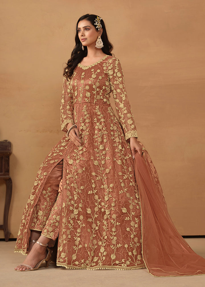 Buy Now Pant Style Peach Embroidered Net Wedding Anarkali Suit Online in USA, UK, Australia, New Zealand, Canada & Worldwide at Empress Clothing.