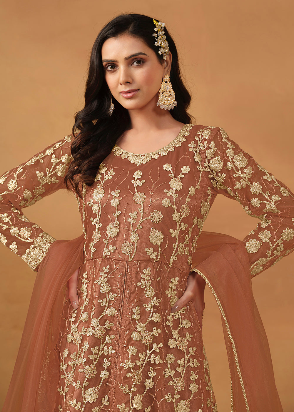 Buy Now Pant Style Peach Embroidered Net Wedding Anarkali Suit Online in USA, UK, Australia, New Zealand, Canada & Worldwide at Empress Clothing.