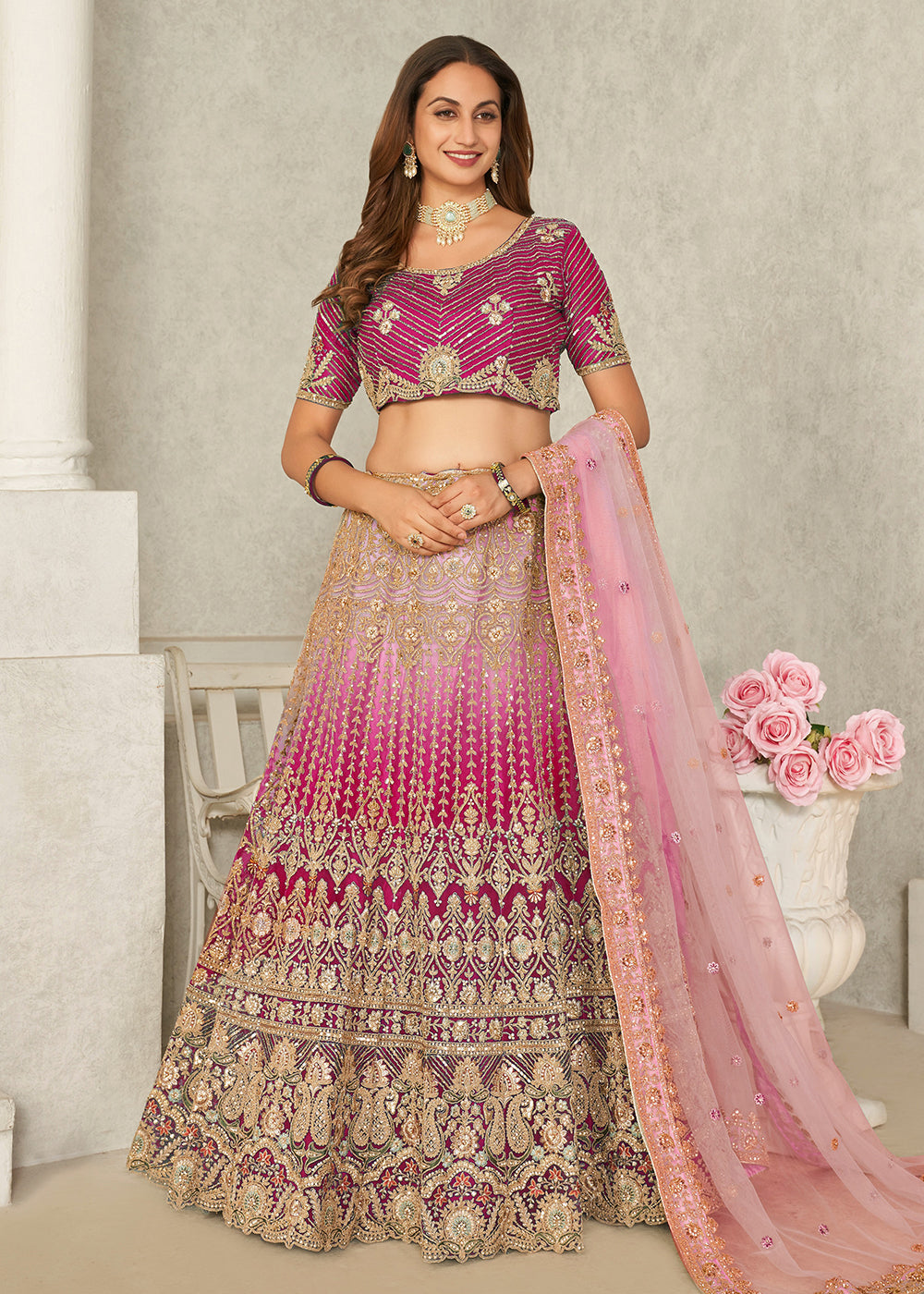 Buy Now Pink Wedding Style Embroidered A Line Lehenga Choli Online in USA, UK, Canada & Worldwide at Empress Clothing.