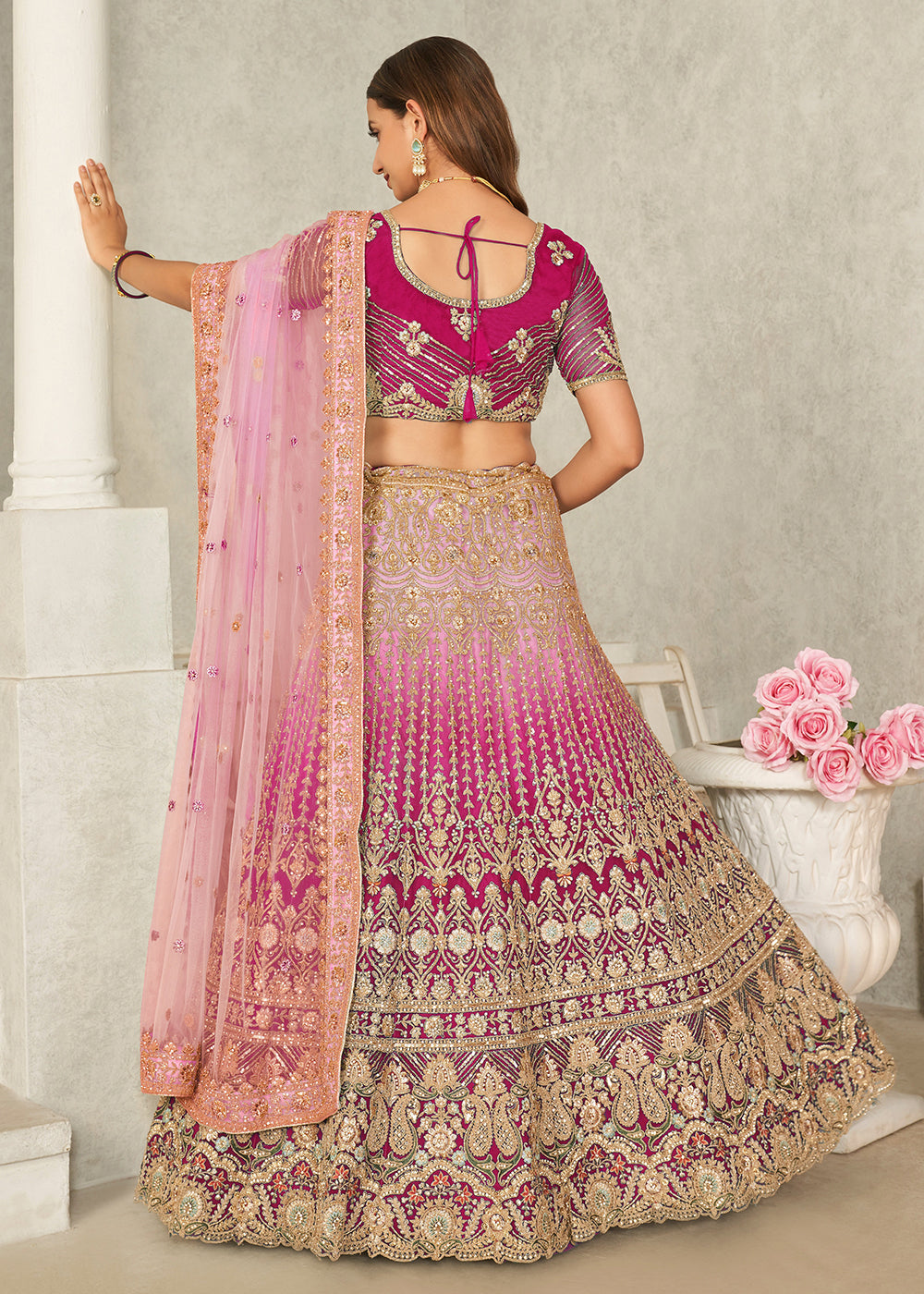 Buy Now Pink Wedding Style Embroidered A Line Lehenga Choli Online in USA, UK, Canada & Worldwide at Empress Clothing.