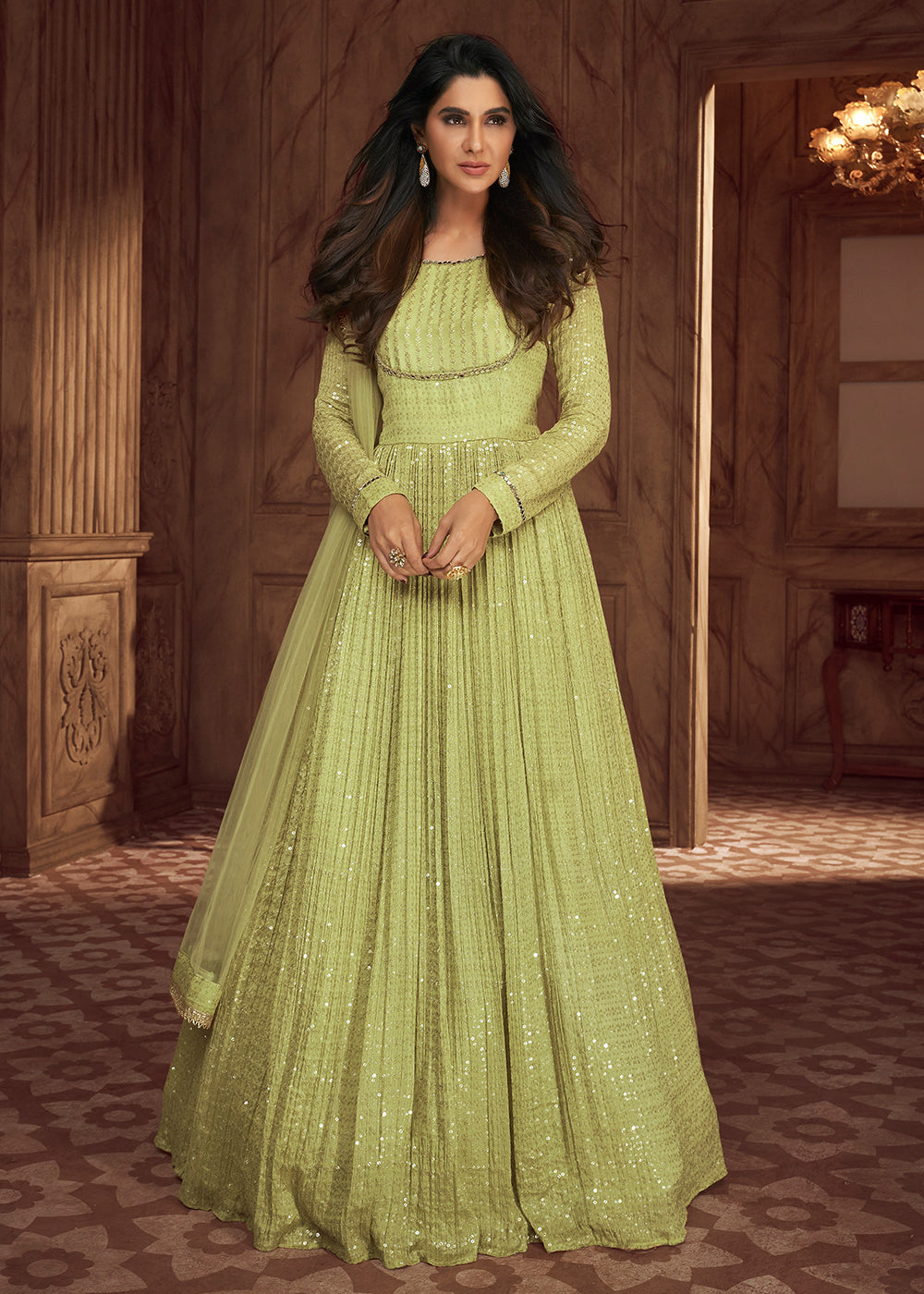 Buy Now Green Heavy Georgette Embroidered Wedding Party Anarkali Gown Online in USA, UK, Australia, Canada & Worldwide at Empress Clothing.