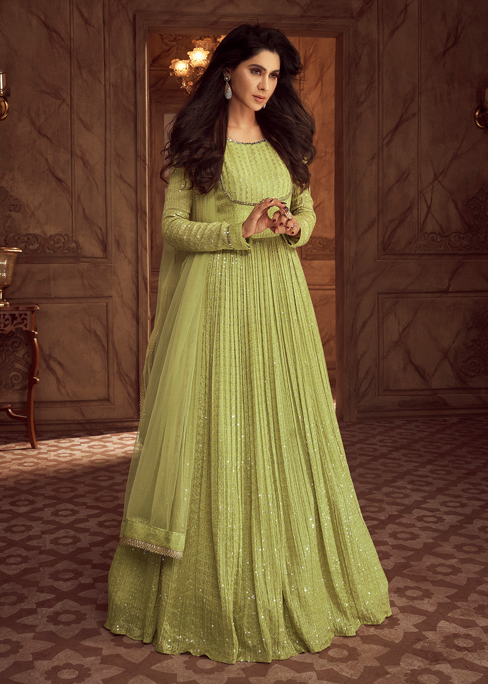 Buy Now Green Heavy Georgette Embroidered Wedding Party Anarkali Gown Online in USA, UK, Australia, Canada & Worldwide at Empress Clothing.