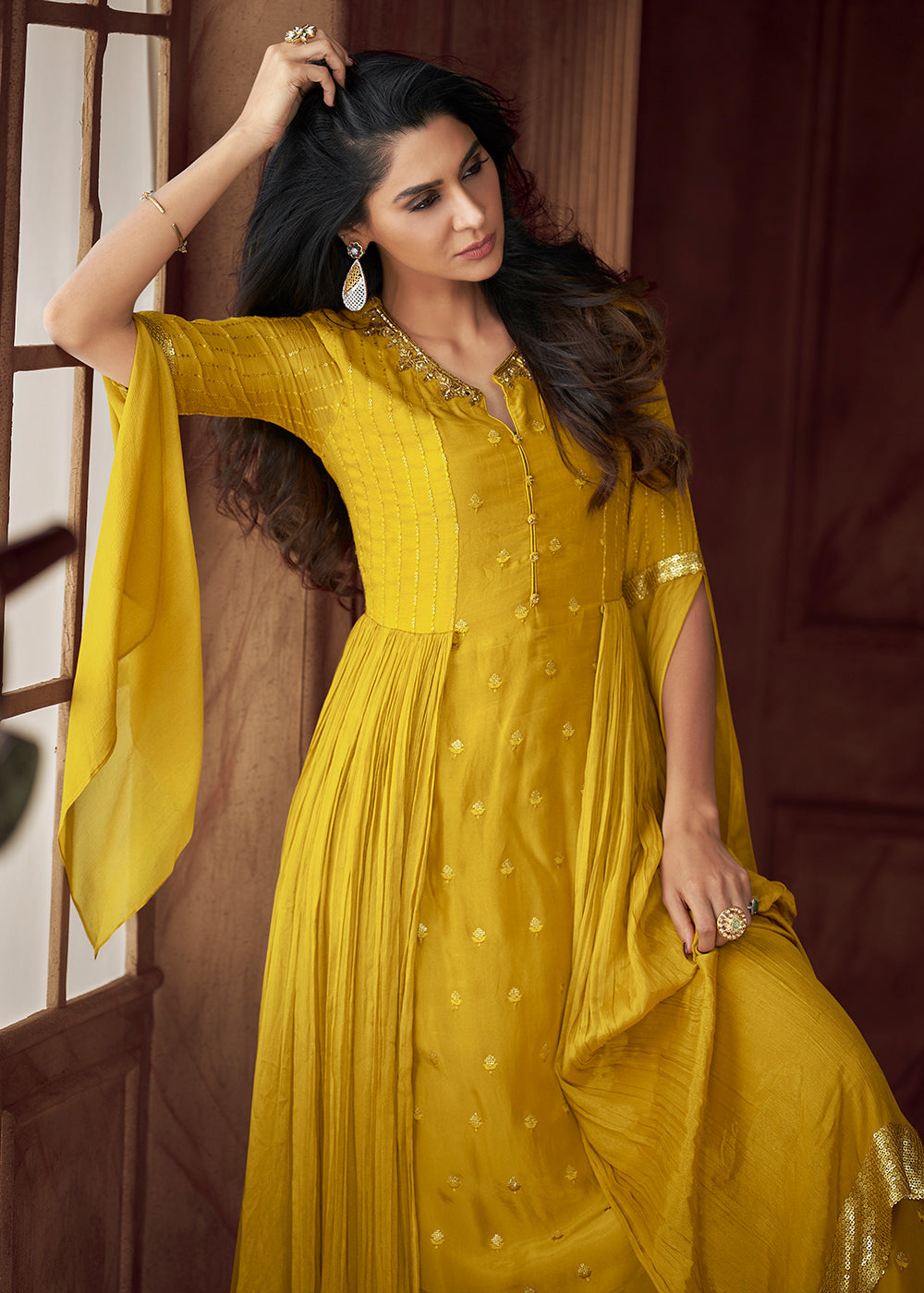 Buy Now Yellow Heavy Georgette Embroidered Wedding Party Anarkali Gown Online in USA, UK, Australia, Canada & Worldwide at Empress Clothing. 
