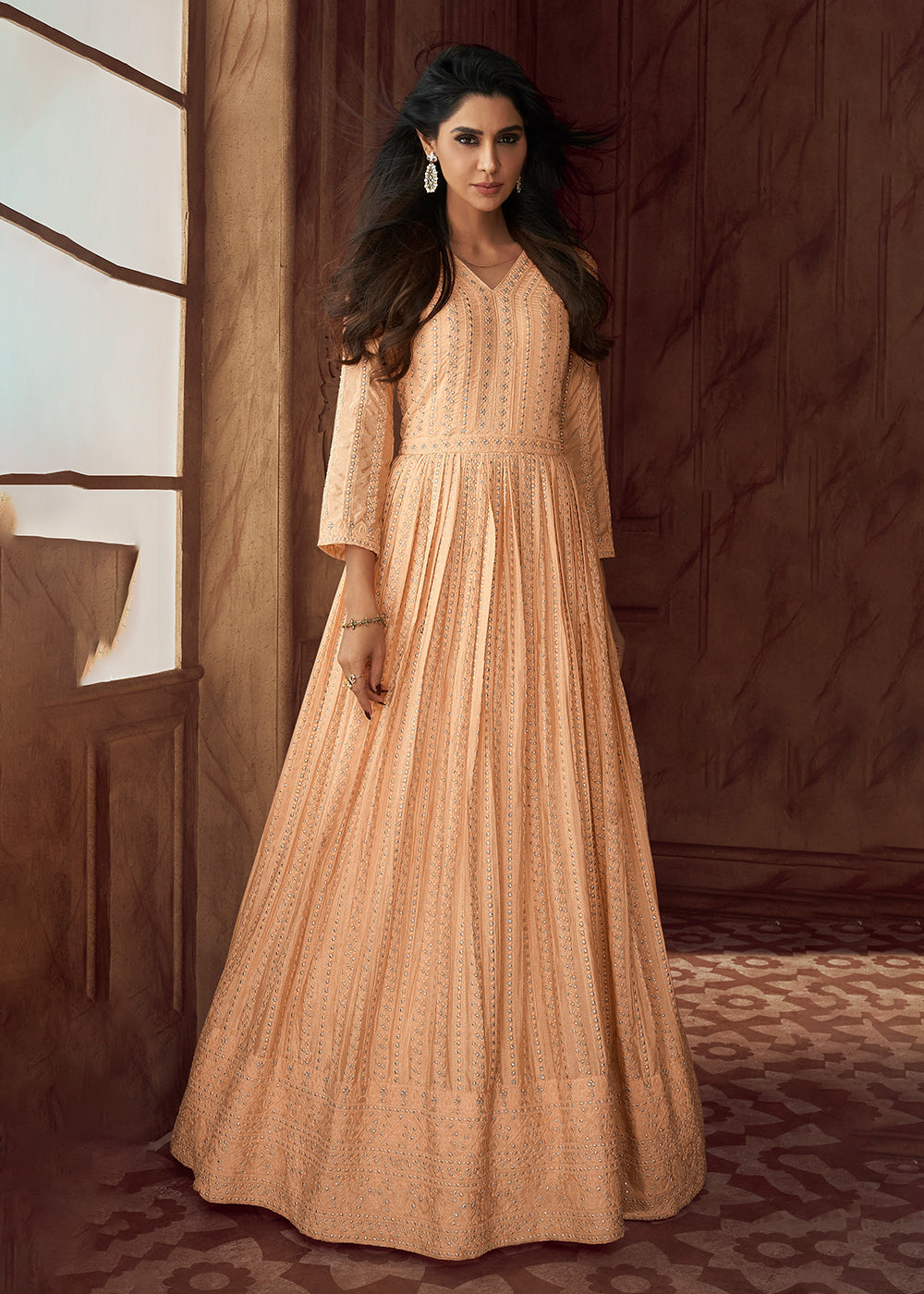 Buy Now Peach Heavy Georgette Embroidered Wedding Party Anarkali Gown Online in USA, UK, Australia, Canada & Worldwide at Empress Clothing.