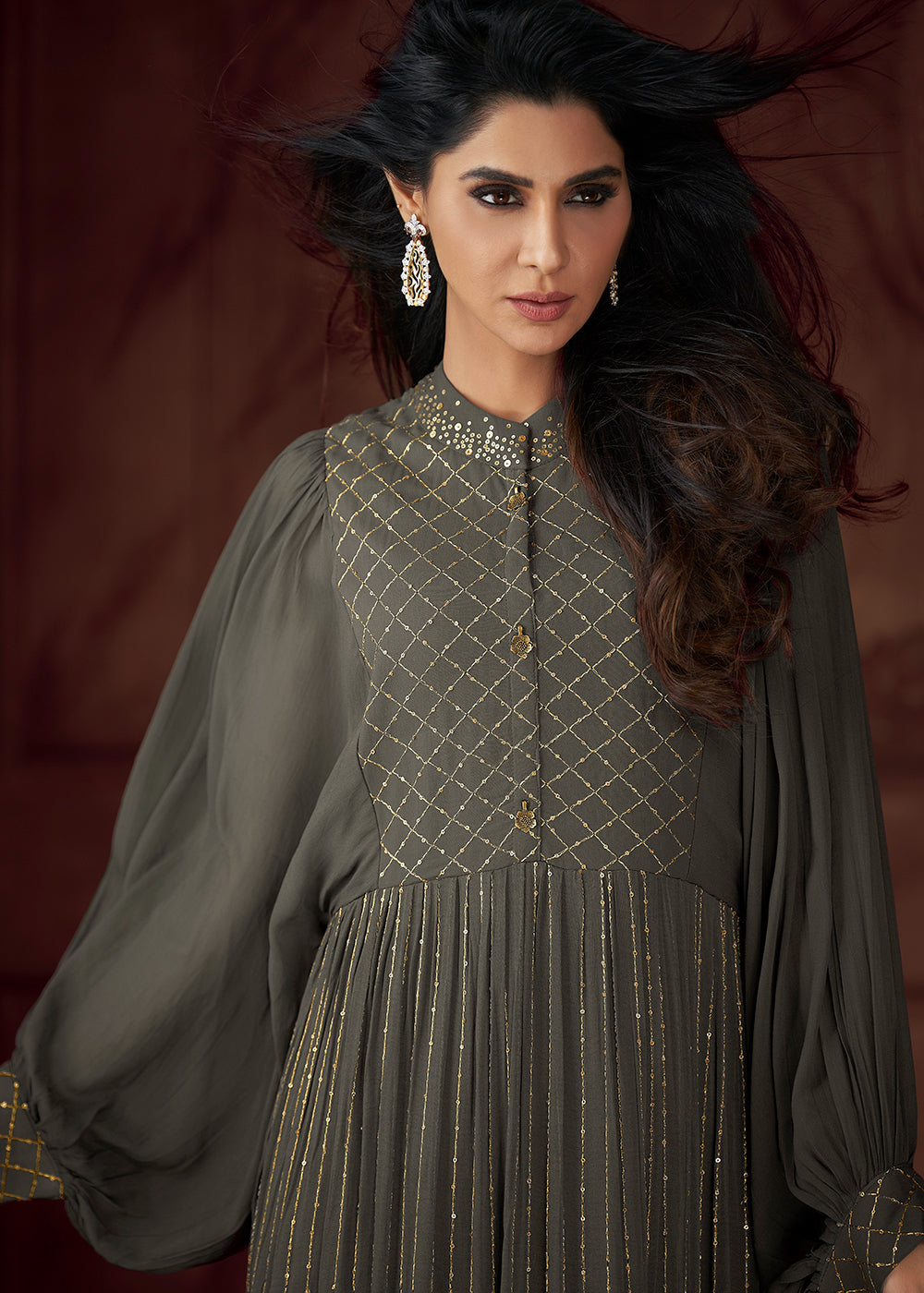 Buy Now Grey Heavy Georgette Embroidered Wedding Party Anarkali Gown Online in USA, UK, Australia, Canada & Worldwide at Empress Clothing.