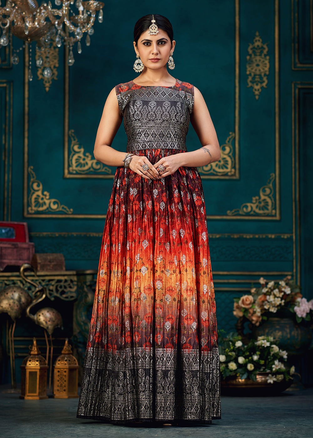 Buy Now Lovely Multicolor Digital Foil Printed Ready to Wear Gown Online in USA, UK, Australia, New Zealand, Canada & Worldwide at Empress Clothing.