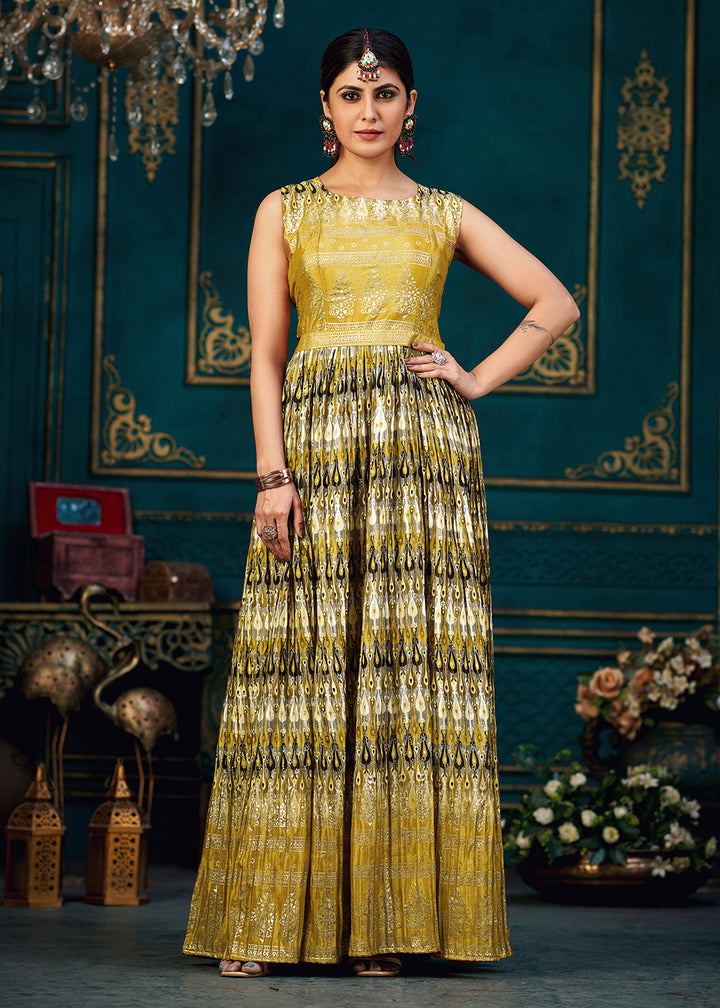Buy Now Dusty Mustard Digital Foil Printed Ready to Wear Gown Online in USA, UK, Australia, New Zealand, Canada & Worldwide at Empress Clothing.